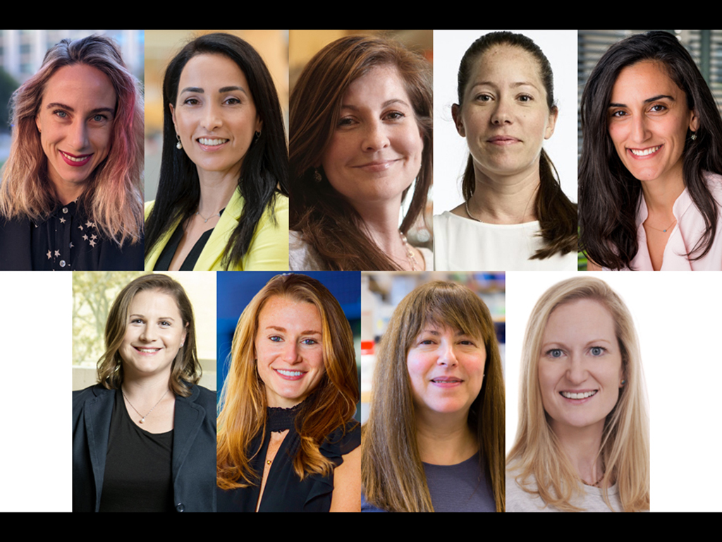 Top row, left to right: Polina Anikeeva, Natalie Artzi, Laurie Boyer, Tal Cohen, and Canan Dagdeviren. Bottom row, left to right: Ariel Furst, Kristin Knouse, Elly Nedivi, and Ellen Roche.