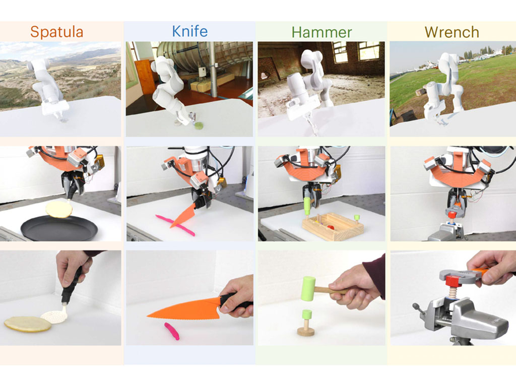 Four photos show, on top level, a simulation of a robot hand using a spatula, knife, hammer and wrench. The second row shows a real robot hand performing the tasks, and the bottom row shows a human hand performing the tasks.