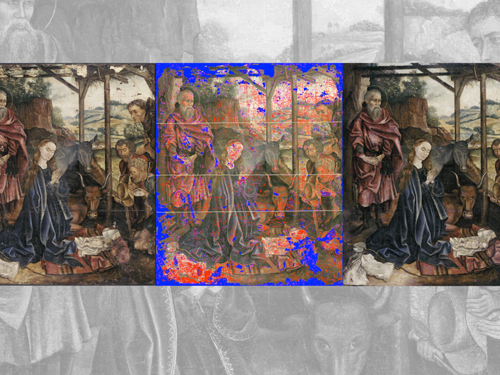 Three paneled damaged painting with middle panel scanned showing middle panel showing a map of the different kinds of damage present using green, red, and pink lines representing different kinds of damage.