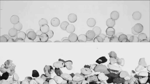 Video of glass spheres (top) and natural river gravel (bottom) undergoing bed load transport in a laboratory flume, slowed down 17x relative to real time. Average grain diameter is about 5 mm. This video shows how rolling and tumbling natural grains inter