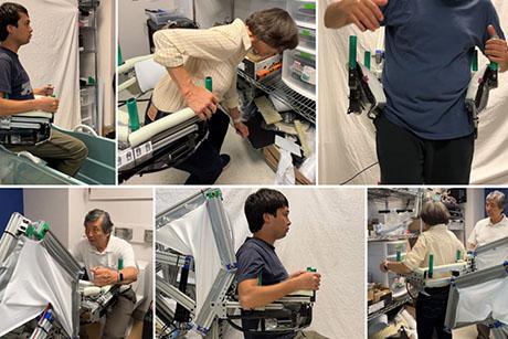 Six of multiple possible assistance scenarios with a prototype of a new robot being developed at MIT. Top row: getting into/out of a bathtub, bending 